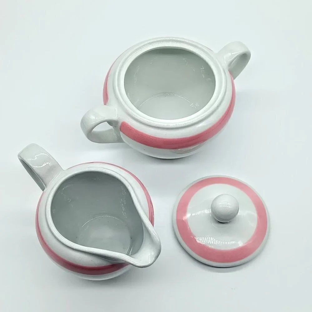 Arabia Finland Ribbons Pink Covered Sugar Bowl & Creamer Pitcher Set